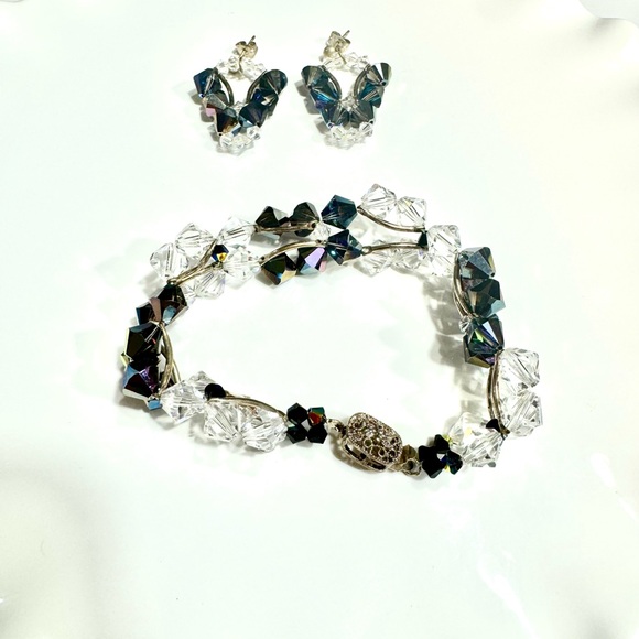 VINTAGE SILVER PLATED BEADED BRACELET AND EARRING SET AURORA BOREALIS - Picture 2 of 4